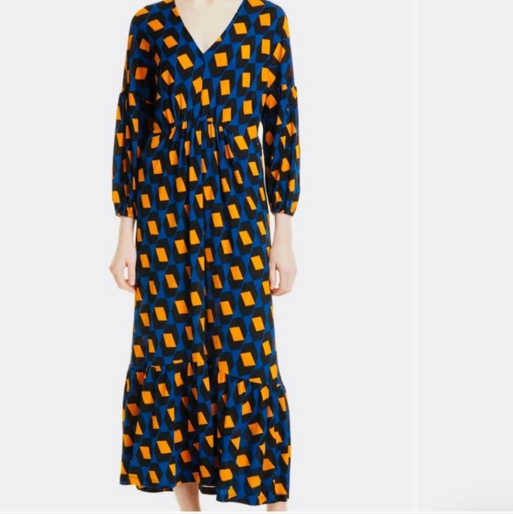 NEW Diane Von Furstenberg (DVF)Ebony Geo Print Long Sleeve Maxi Dress XL